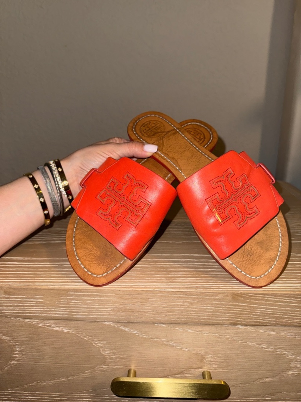 Tory Burch Bright Orange Leather Slide Sandals